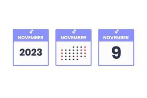 icono de diseño de calendario del 9 de noviembre. calendario 2023, cita, concepto de fecha importante vector