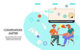 Business conversation, interview or meeting banner template with people having a conversation. Communication in business and exchange of opinions. Flat vector illustration.