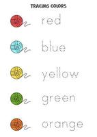 Trace names of basic colors with ball of yarn. Handwriting practice. vector