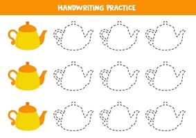 Tracing lines for kids. Hand drawn tea pots. Writing practice. vector