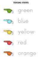 Trace names of basic colors with whistles. Handwriting practice. vector