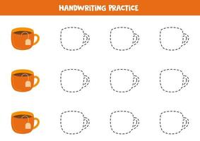 Tracing lines for kids. Hand drawn tea cups. Writing practice. vector