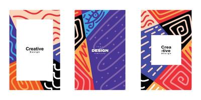 Set of abstract trendy poster template design in ethnic style. Collection of retro modern illustration outline stroke pattern background vector