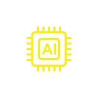 eps10 yellow vector Chip AI Brain Artificial Intelligence line icon isolated on white background. AI Processor symbol in a simple flat trendy modern style for your website design, logo, and mobile app