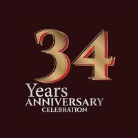 Logotipo de aniversario de 34 años de color dorado y rojo aislado en un fondo elegante, diseño vectorial para tarjetas de felicitación y tarjetas de invitación vector
