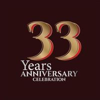 Logotipo de aniversario de 33 años de color dorado y rojo aislado en un fondo elegante, diseño vectorial para tarjetas de felicitación y tarjetas de invitación vector