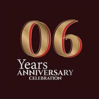 Logotipo de aniversario de 06 años de color dorado y rojo aislado en un fondo elegante, diseño vectorial para tarjetas de felicitación y tarjetas de invitación vector