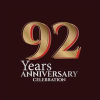 Logotipo de aniversario de 92 años de color dorado y rojo aislado en un fondo elegante, diseño vectorial para tarjetas de felicitación y tarjetas de invitación vector