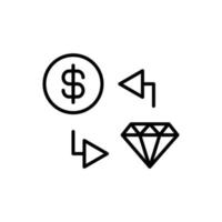 Simple vector isolated pictogram drawn with black thin line. Editable stroke for web sites, adverts, stores, shops. Vector line icon of dollar and diamond exchange