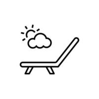 Simple vector isolated pictogram drawn with black thin line. Editable stroke for web sites, adverts, stores, shops. Vector line icon of sun over deckchair