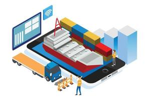 ilustración isométrica moderna del sistema logístico portuario comercial inteligente, adecuada para diagramas, infografías, ilustración de libros, activos de juegos y otros activos relacionados con gráficos vector