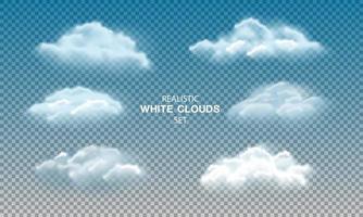 Realistic white cloud fog smoke set collection on blue sky checkered background vecto