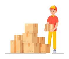 Vector illustration of deliveryman work. A lot of boxes with goods and a courier who delivers parcels.