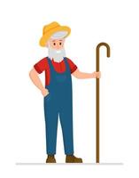 Vector isolated character, farmer with a stick. A smiling shepherd in working clothes.