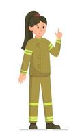 chica bombero aislado sobre fondo blanco. ilustración vectorial de una mujer con uniforme de bombero, lista para salvar vidas. vector