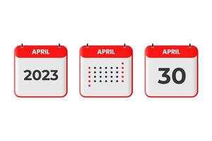 30 de abril icono de diseño de calendario. calendario 2023, cita, concepto de fecha importante vector