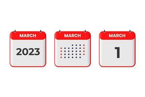 March 1 calendar design icon. 2023 calendar schedule, appointment, important date concept vector