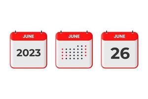 26 de junio icono de diseño de calendario. calendario 2023, cita, concepto de fecha importante vector