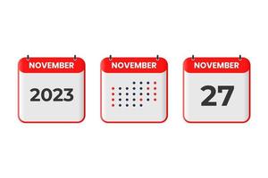 November 27 calendar design icon. 2023 calendar schedule, appointment, important date concept vector