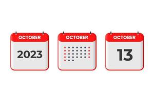 13 de octubre icono de diseño de calendario. calendario 2023, cita, concepto de fecha importante vector
