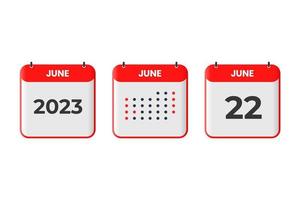 22 de junio icono de diseño de calendario. calendario 2023, cita, concepto de fecha importante vector