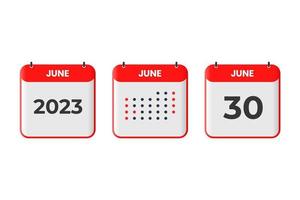 30 de junio icono de diseño de calendario. calendario 2023, cita, concepto de fecha importante vector