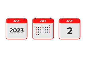 icono de diseño de calendario del 2 de julio. calendario 2023, cita, concepto de fecha importante vector