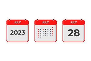 28 de julio icono de diseño de calendario. calendario 2023, cita, concepto de fecha importante vector