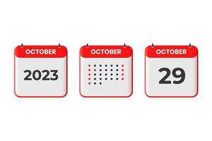 29 de octubre icono de diseño de calendario. calendario 2023, cita, concepto de fecha importante vector