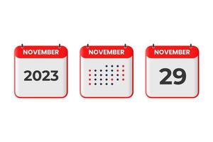 29 de noviembre icono de diseño de calendario. calendario 2023, cita, concepto de fecha importante vector