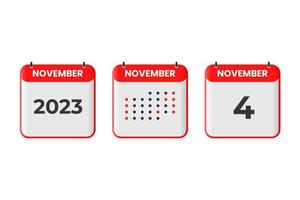icono de diseño de calendario del 4 de noviembre. calendario 2023, cita, concepto de fecha importante vector