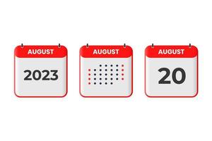 20 de agosto icono de diseño de calendario. calendario 2023, cita, concepto de fecha importante vector