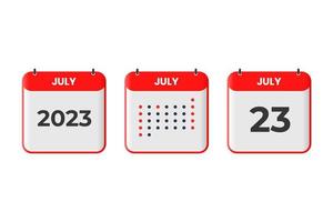 23 de julio icono de diseño de calendario. calendario 2023, cita, concepto de fecha importante vector