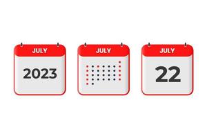 22 de julio icono de diseño de calendario. calendario 2023, cita, concepto de fecha importante vector