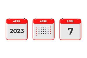 7 de abril icono de diseño de calendario. calendario 2023, cita, concepto de fecha importante vector