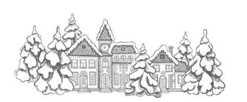 Illustration of houses. Christmas Greeting card. Set of hand drawn buildings. vector