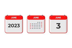 3 de junio icono de diseño de calendario. calendario 2023, cita, concepto de fecha importante vector