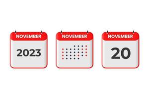 20 de noviembre icono de diseño de calendario. calendario 2023, cita, concepto de fecha importante vector