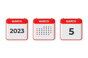 icono de diseño de calendario del 5 de marzo. calendario 2023, cita, concepto de fecha importante vector