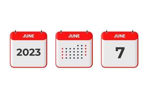 7 de junio icono de diseño de calendario. calendario 2023, cita, concepto de fecha importante vector