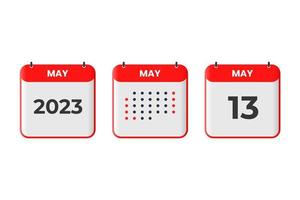 13 de mayo icono de diseño de calendario. calendario 2023, cita, concepto de fecha importante vector