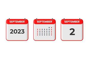 icono de diseño de calendario del 2 de septiembre. calendario 2023, cita, concepto de fecha importante vector