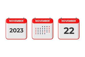 22 de noviembre icono de diseño de calendario. calendario 2023, cita, concepto de fecha importante vector