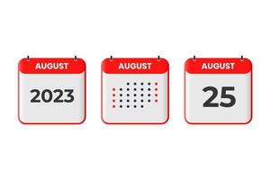 25 de agosto icono de diseño de calendario. calendario 2023, cita, concepto de fecha importante vector