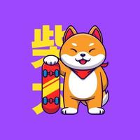 Cute Shiba-Inu Holding Skateboard Cartoon Illustration vector