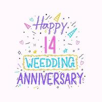 Happy 14th wedding anniversary hand lettering. 14 years anniversary celebration hand drawing typography design vector