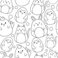 Set of cute rabbit, chicken, penguin, cat outline seamless pattern background isolated on white bg vector