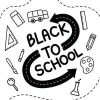 Set of back to school hand drawn doodles isolated on white background. pencil, paint, bus, ruler, rubber eraser and magnifying glass. Vector illustration