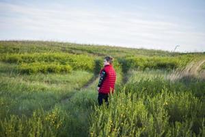 Children in the open spaces of the field are walking among the juicy spring grass in the light of sunset along a narrow trampled path photo