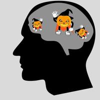 an illustration of a head with a brain thinking about a Halloween pumpkin vector